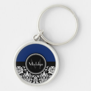 Navy Black White Damask Monogram Letter Keychain