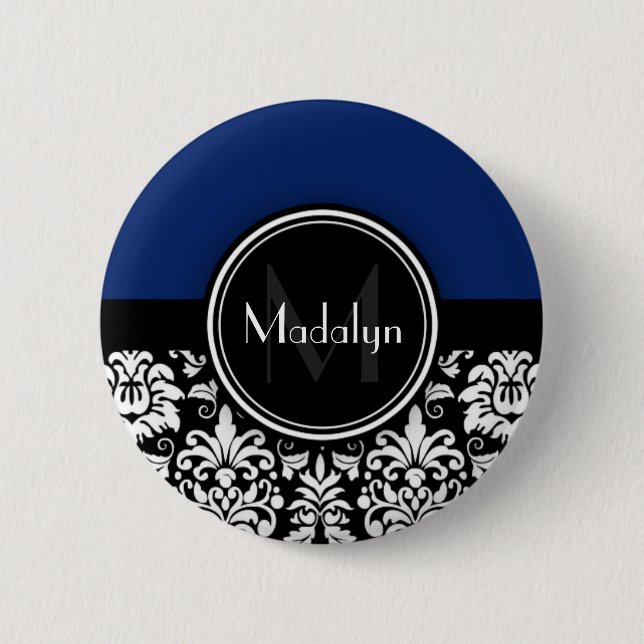 Navy Black White Damask Monogram Letter Pinback Button (Front)
