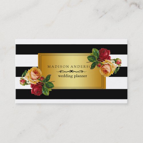 Navy Black  White Stripes Gold Vintage Floral Business Card