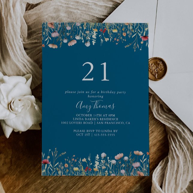 Navy Blissful Boho Wildflower 21st Birthday Party Invitation (Creator Uploaded)