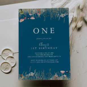 Navy Blissful Boho Wildflower First Birthday Party Invitation
