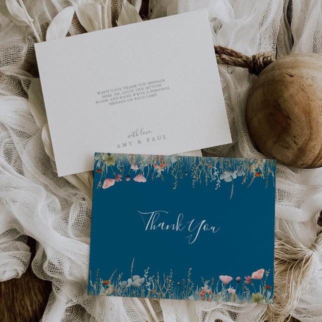 Navy Blissful Boho Wildflower Flat Wedding Thank You Card (Creator Uploaded)