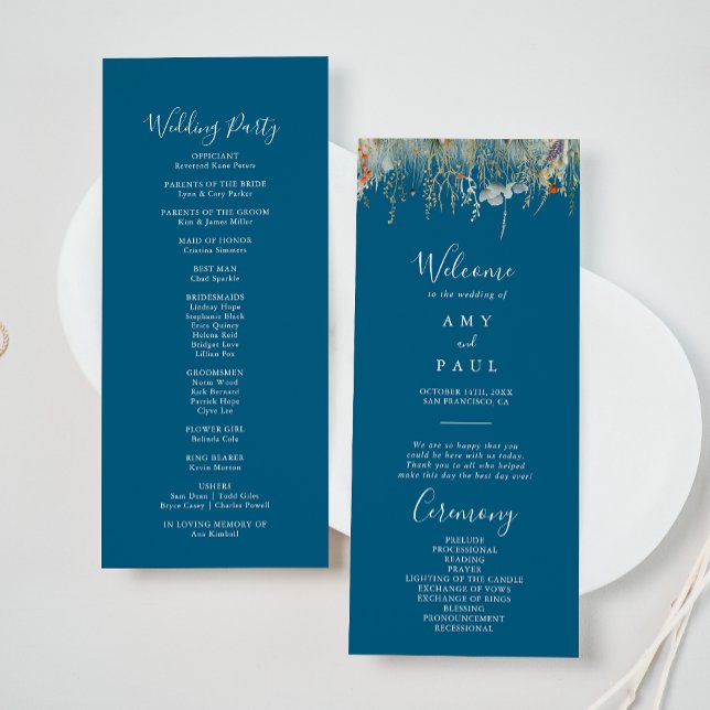 Navy Blissful Boho Wildflower Wedding Program (Creator Uploaded)