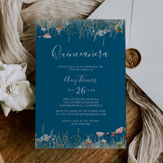 Navy Blissful Colorful Boho Wildflower Quinceañera Invitation (Creator Uploaded)