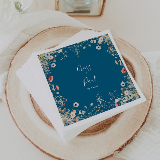 Navy Blissful Colorful Boho Wildflower Wedding  Napkins (Creator Uploaded)