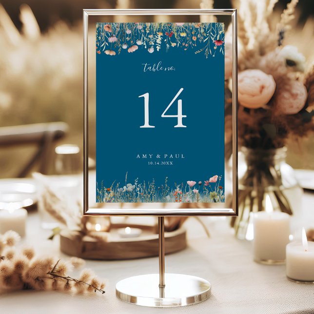 Navy Blissful Colorful Boho Wildflower Wedding Table Number (Creator Uploaded)