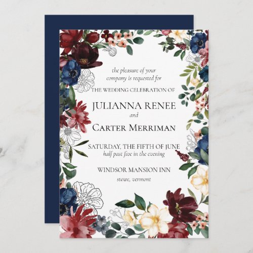 Navy Bloom Floral Frame Wedding  Invitation
