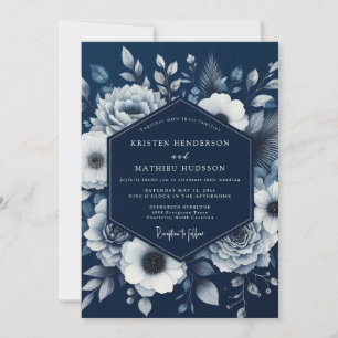 Navy Bloom Romance Wedding Invitation