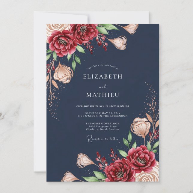 Navy Bloom Romantic Wedding Invitation (Front)