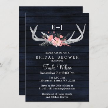 Navy Blooming Antlers Country Chic Bridal Shower Invitation