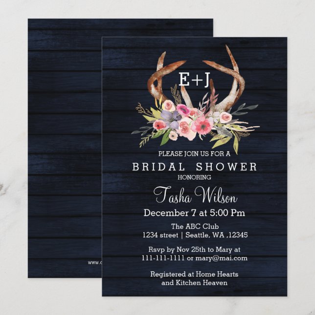 Navy Blooming Antlers Country Chic Bridal Shower Invitation (Front/Back)
