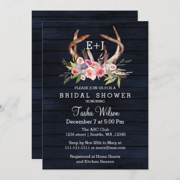 Navy Blooming Antlers Country Chic Bridal Shower Invitation