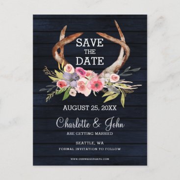 Navy blooming antlers country chic wedding announcement postcard