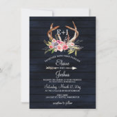 Navy Blooming Antlers Country Chic Wedding Invitation (Front)