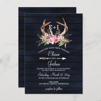 Navy Blooming Antlers Country Chic Wedding Invitation