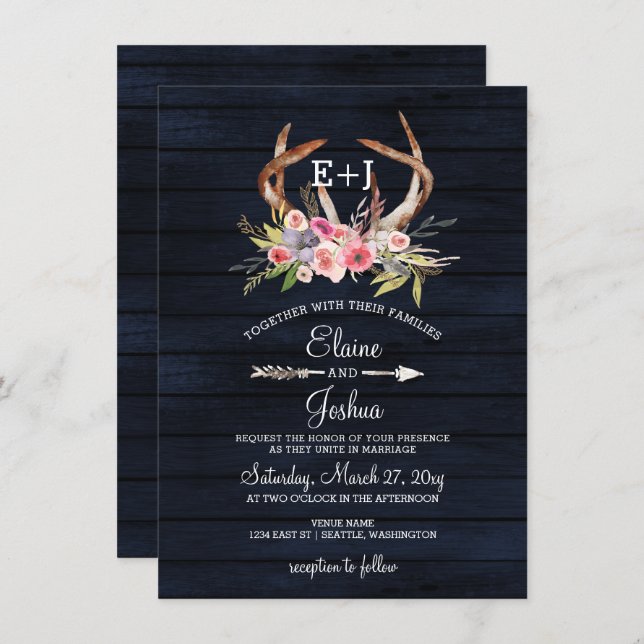 Navy Blooming Antlers Country Chic Wedding Invitation (Front/Back)