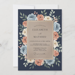 Navy Blooming Floral Romance Wedding Invitation