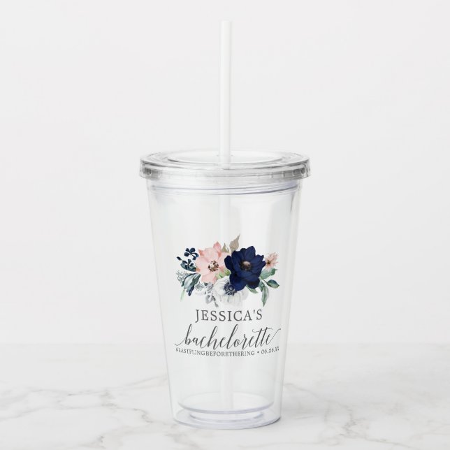 Navy Blooms Bachelorette Party Favor Tumbler (Front)