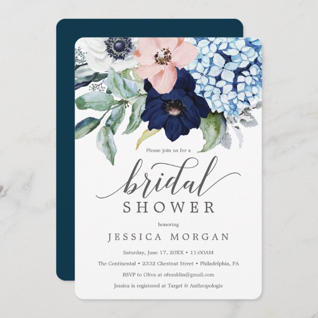 Navy Blooms Bridal Shower Invitation Card (Front/Back)