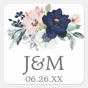 Navy Blooms Envelope Seals - Favor Stickers