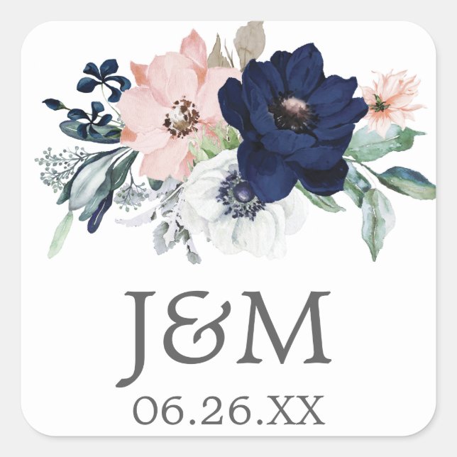 Navy Blooms Envelope Seals - Favor Stickers (Front)