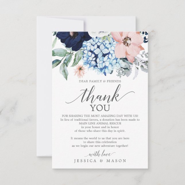 Navy Blooms In Lieu of Favors Place Card (Front)