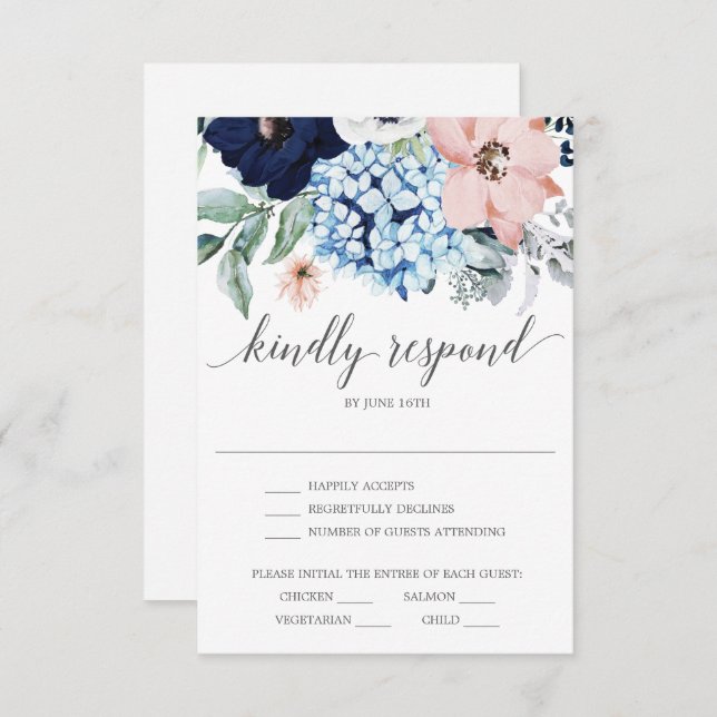 Navy Blooms Wedding RSVP Card (Front/Back)