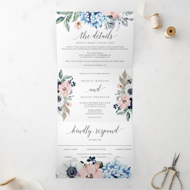 Navy Blooms Wedding Tri-Fold Invitations RSVP (Inside)