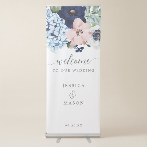 Navy Blooms Wedding Welcome Banner with Stand