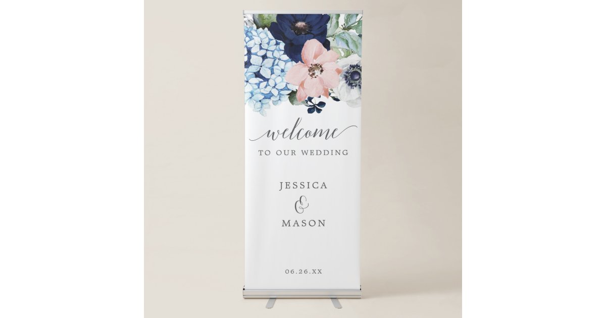 Navy Blooms Wedding Welcome Banner With Stand Zazzle Com