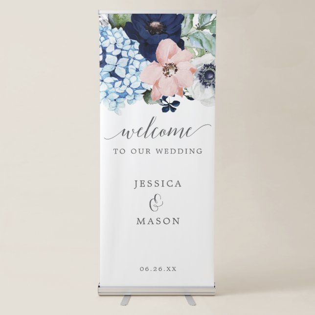 Navy Blooms Wedding Welcome Banner with Stand (Front)