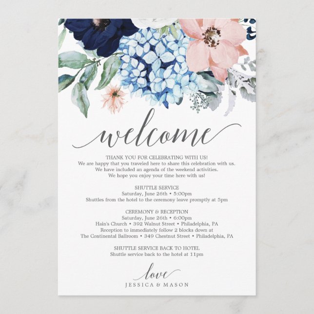 Navy Blooms Wedding Welcome Itinerary Letter Program (Front)