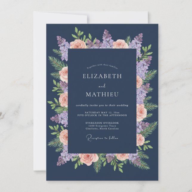 Navy Blossom Laurel Wedding Invitation (Front)