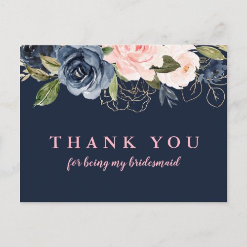 Navy blossom pink floral bridesmaid thank you card