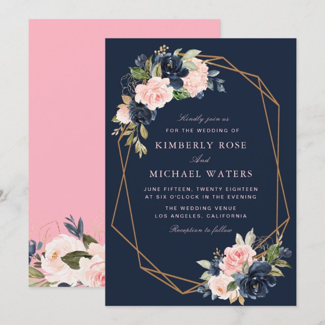 Navy blossom pink floral geometric wedding invitation (Front/Back)