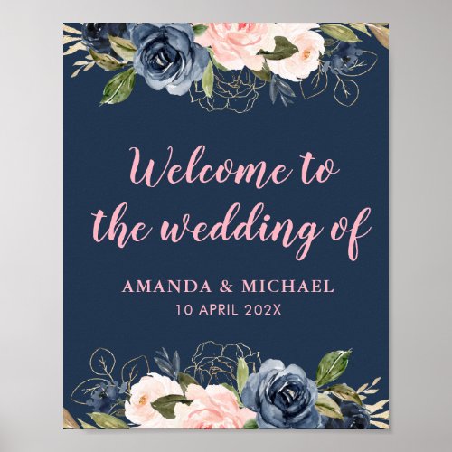 navy blossom pink wedding welcome sign