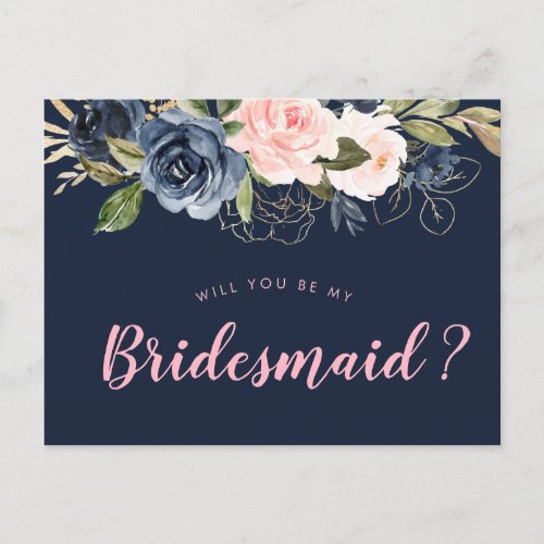 navy blossom pink will you be my Bridesmaid card