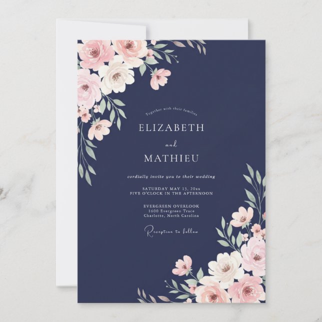 Navy Blossom Romance Wedding Invitation (Front)