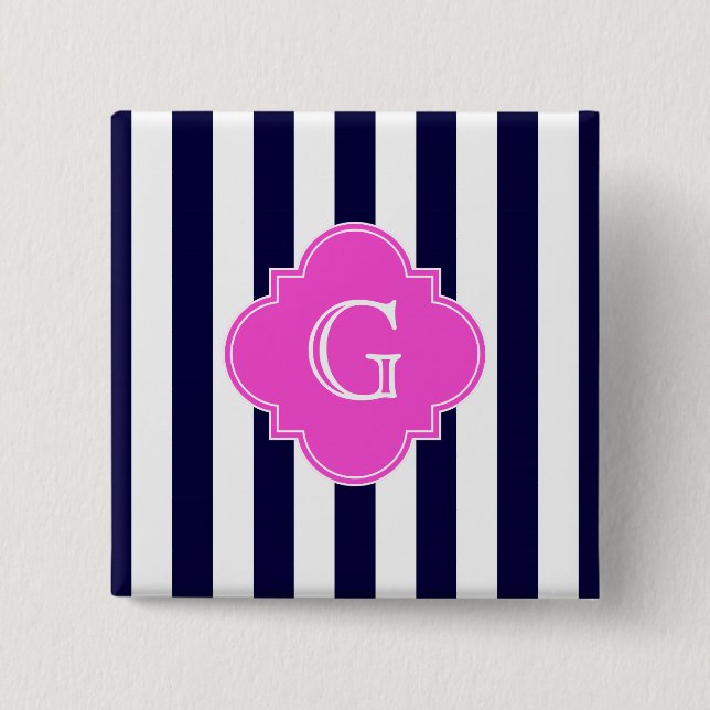 Navy Blu White Stripe Hot Pink Quatrefoil Monogram Button (Front)