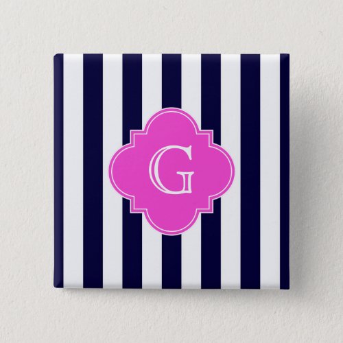 Navy Blu White Stripe Hot Pink Quatrefoil Monogram Button