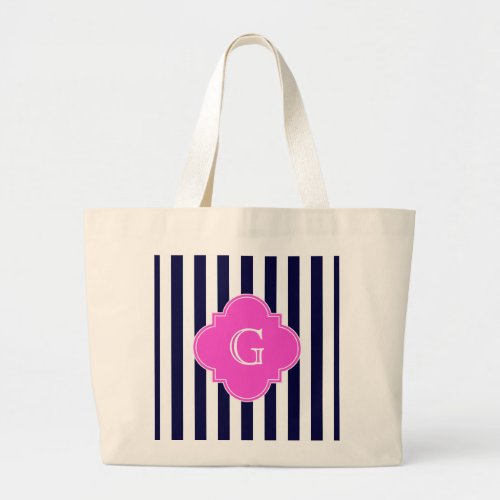 Navy Blu White Stripe Hot Pink Quatrefoil Monogram Large Tote Bag