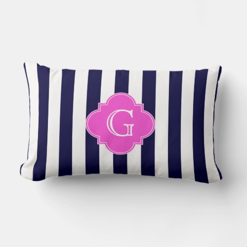 Navy Blu White Stripe Hot Pink Quatrefoil Monogram Lumbar Pillow