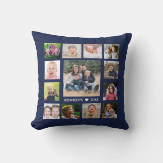 Navy Blue 13 Photo Collage Family Name Striped Throw Pillow