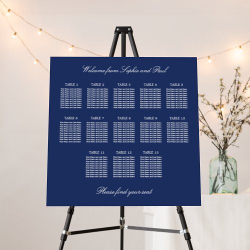 Navy Blue 13 Table Wedding Seating Chart Foam Board