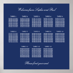Navy Blue 13 Table Wedding Seating Chart Poster
