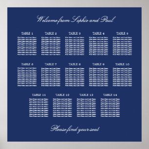 Navy Blue 14 Table Wedding Seating Chart Poster