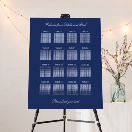 Navy Blue 16 Table Wedding Seating Chart Foam Board
