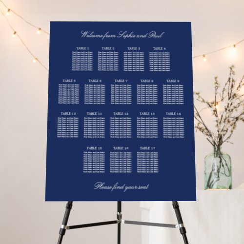 Navy Blue 17 Table Wedding Seating Chart Foam Board