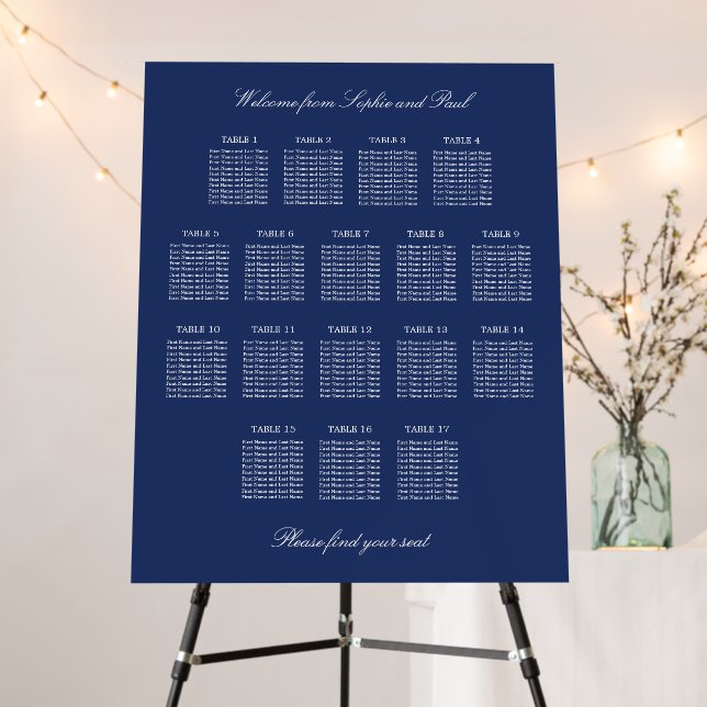 Navy Blue 17 Table Wedding Seating Chart Foam Board (In Situ (Stand))