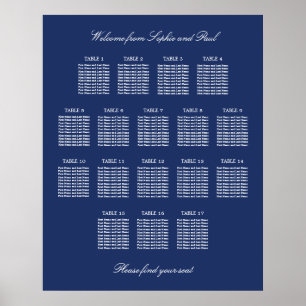 Navy Blue 17 Table Wedding Seating Chart Poster